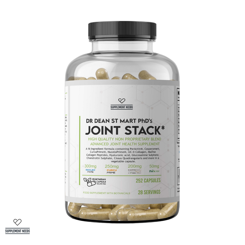Supplement bottle labeled 'Dr. Dean St. Mart PhD's Joint Stack' on a white background