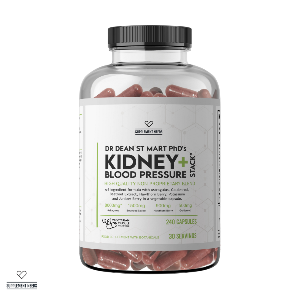 Supplement bottle labeled 'Dr. Dean St. Mart PhD's Kidney + Blood Pressure Stack' on a white background