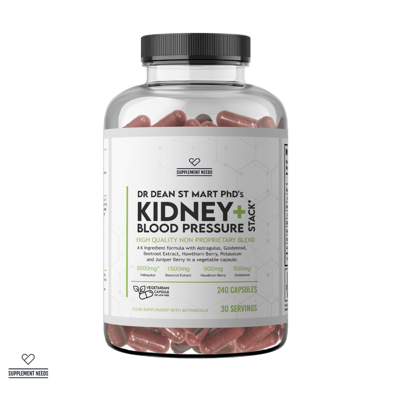 Supplement bottle labeled 'Dr. Dean St. Mart PhD's Kidney + Blood Pressure Stack' on a white background