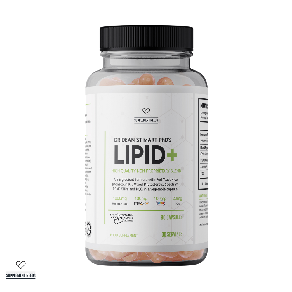 Supplement bottle labeled 'LIPID+' by Dr Dean St. Mart PhD with a white background