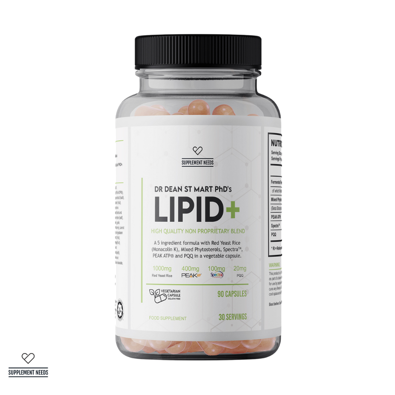 Supplement bottle labeled 'LIPID+' by Dr Dean St. Mart PhD with a white background