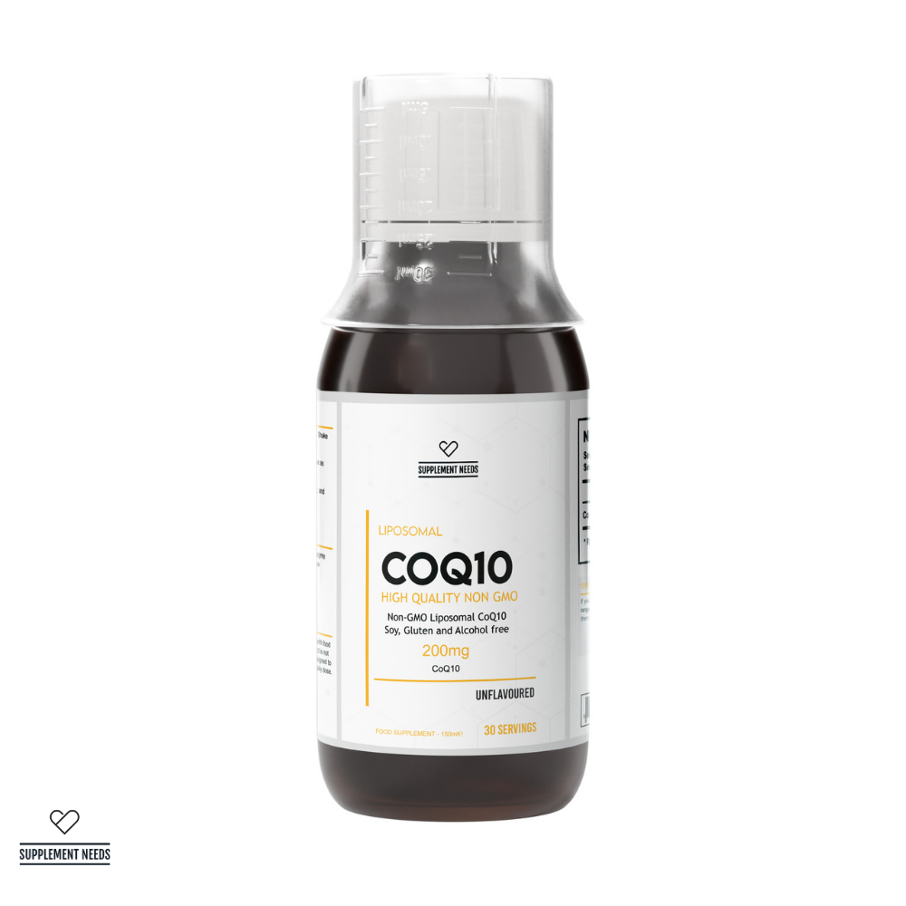 A clear bottle containing a liquid labeled as 'COQ10 Liposomal Supplement', with a volume indication of 150ml.