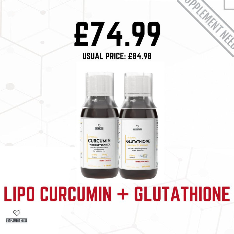 Promotional image featuring two bottles, one labeled 'CURCUMIN' and the other 'GLUTATHIONE', with a background price tag and text highlighting the product names and a saving offer.