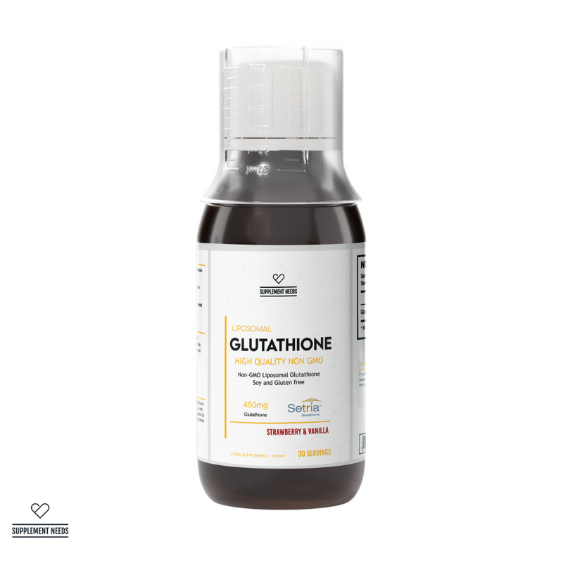 A bottle of Supplement Needs Liposomal Glutathione in strawberry and vanilla flavor, with a capacity of 150ml.