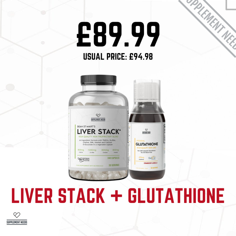 Two supplement bottles labeled 'Liver Stack' and 'Glutathione' with a price tag on a white background.