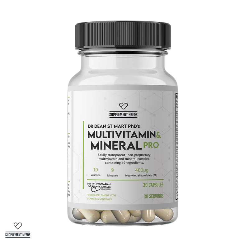 Multivitamin and mineral supplement bottle by Dr Dean St. Mart PhD with label on a white background 30 servings