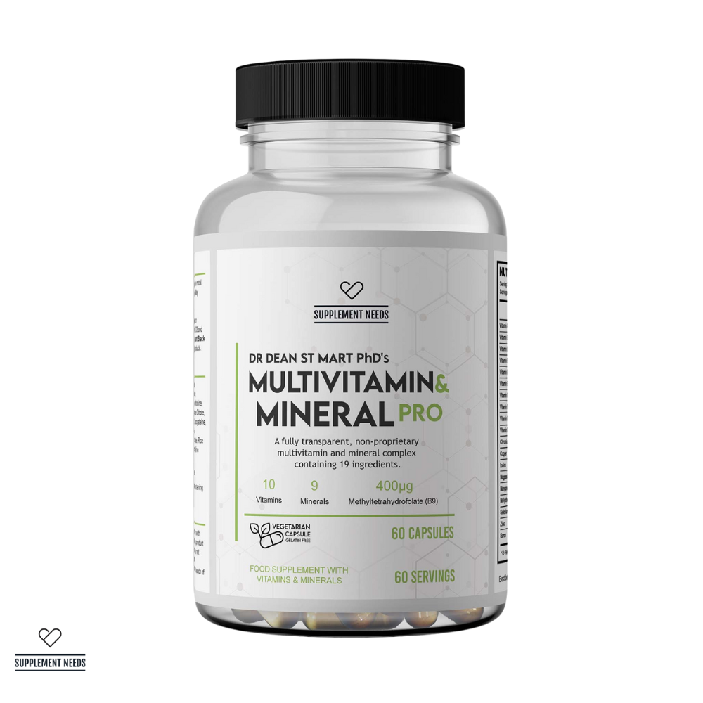 Multivitamin and mineral supplement bottle by Dr Dean St. Mart PhD with label on a white background