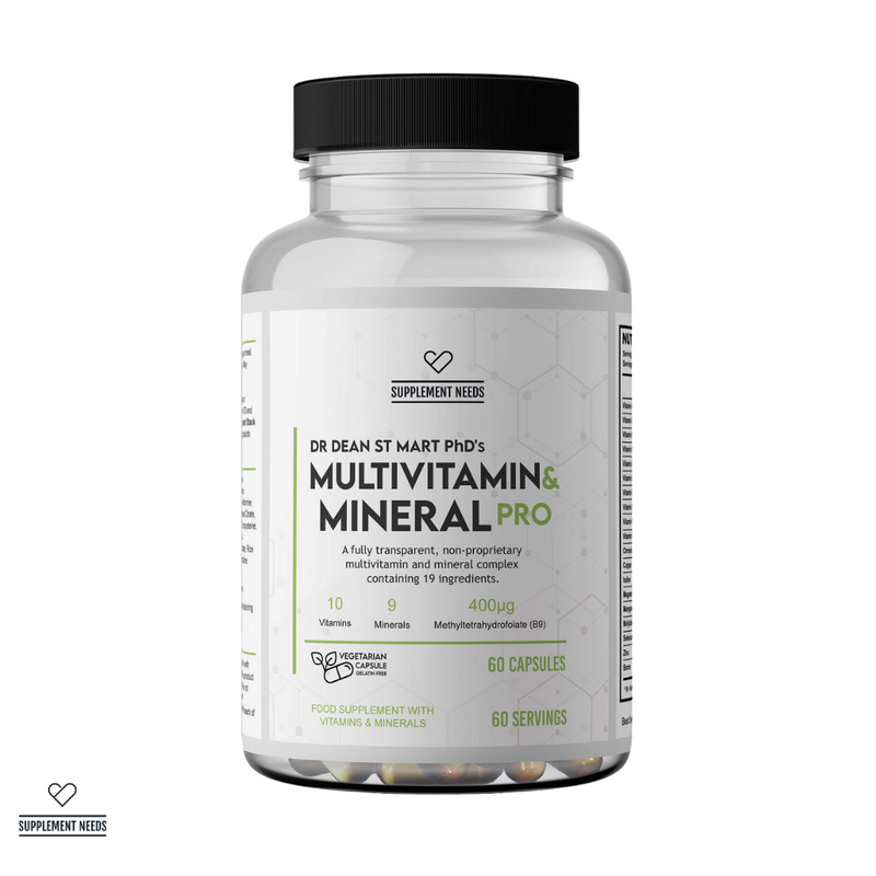 Multivitamin and mineral supplement bottle by Dr Dean St. Mart PhD with label on a white background