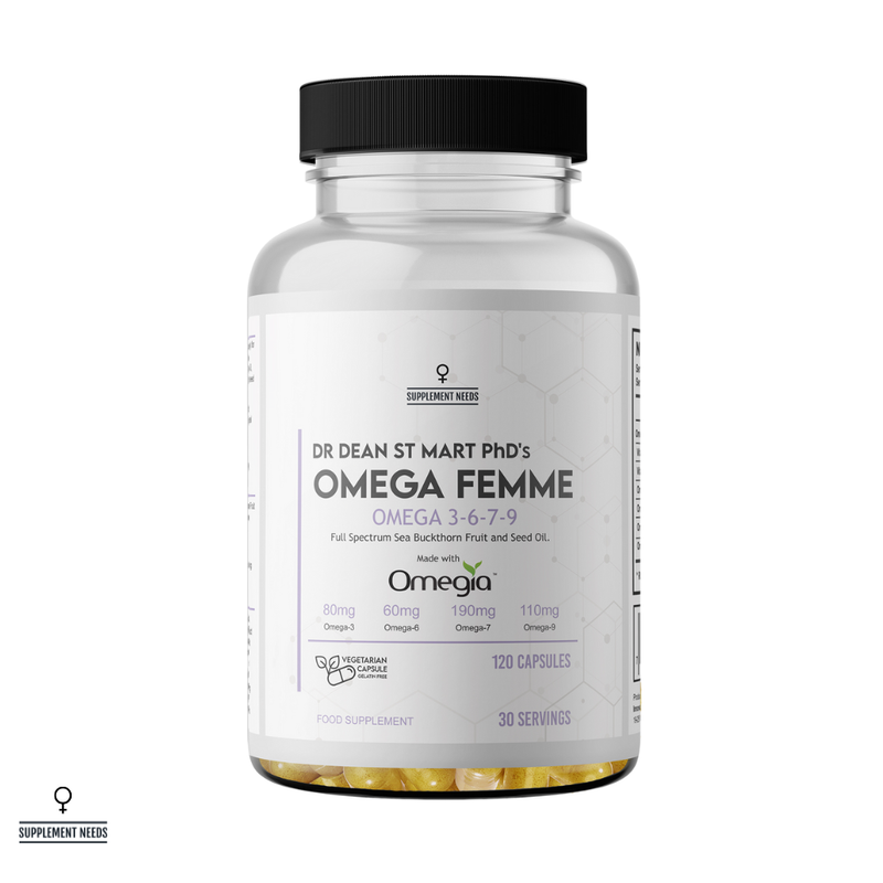 Omega Femme supplement bottle Omegia Sea buckthorn by Dr Dean St Mart with label on a white background
