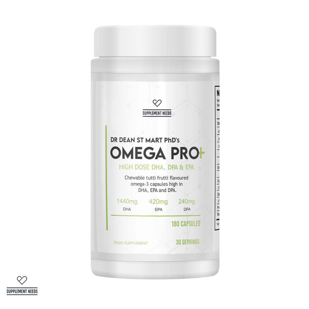 Omega-3 supplement container labeled 'Omega Pro' by Dr Dean ST Mart chewable omega 3 low TOTOX on a white background chewable capsules 