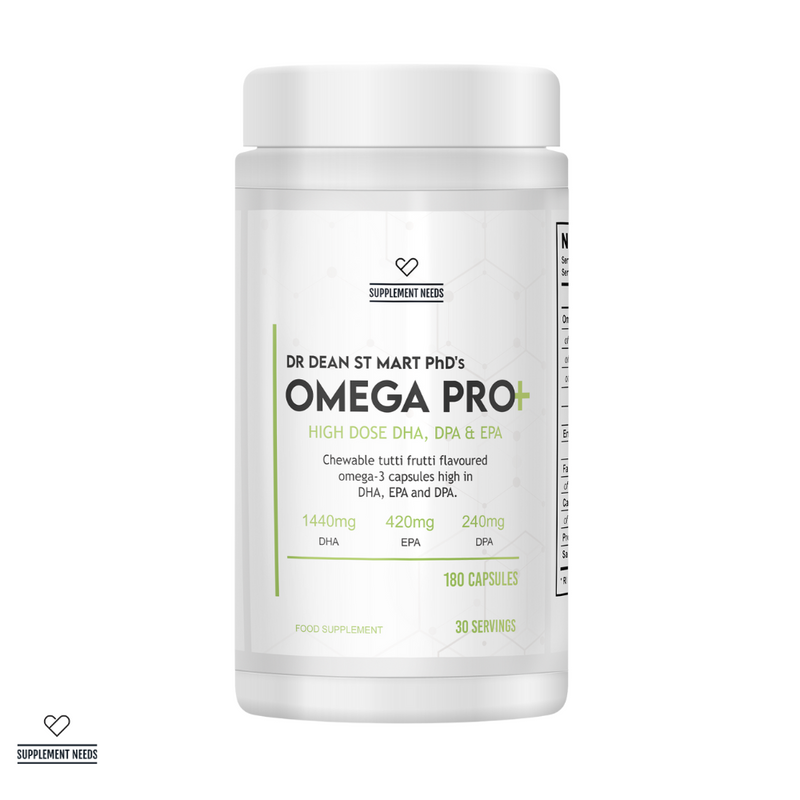 Omega-3 supplement container labeled 'Omega Pro' by Dr Dean ST Mart chewable omega 3 low TOTOX on a white background chewable capsules 