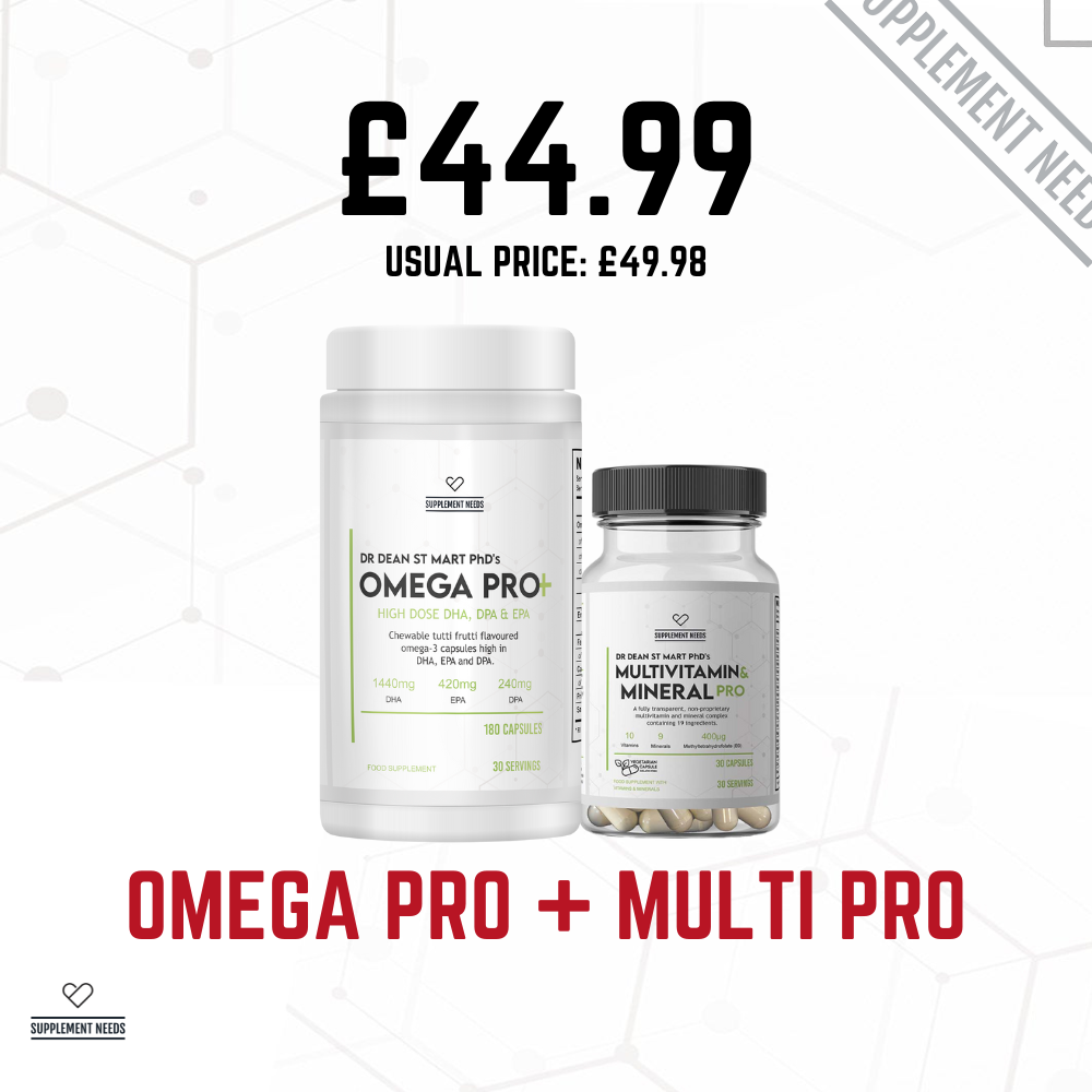 Two supplement bottles Omega Pro and Multivitamin and Mineral PRO by Dr Dean St Mart on a white background