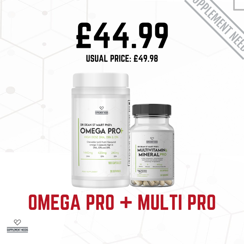 Two supplement bottles Omega Pro and Multivitamin and Mineral PRO by Dr Dean St Mart on a white background