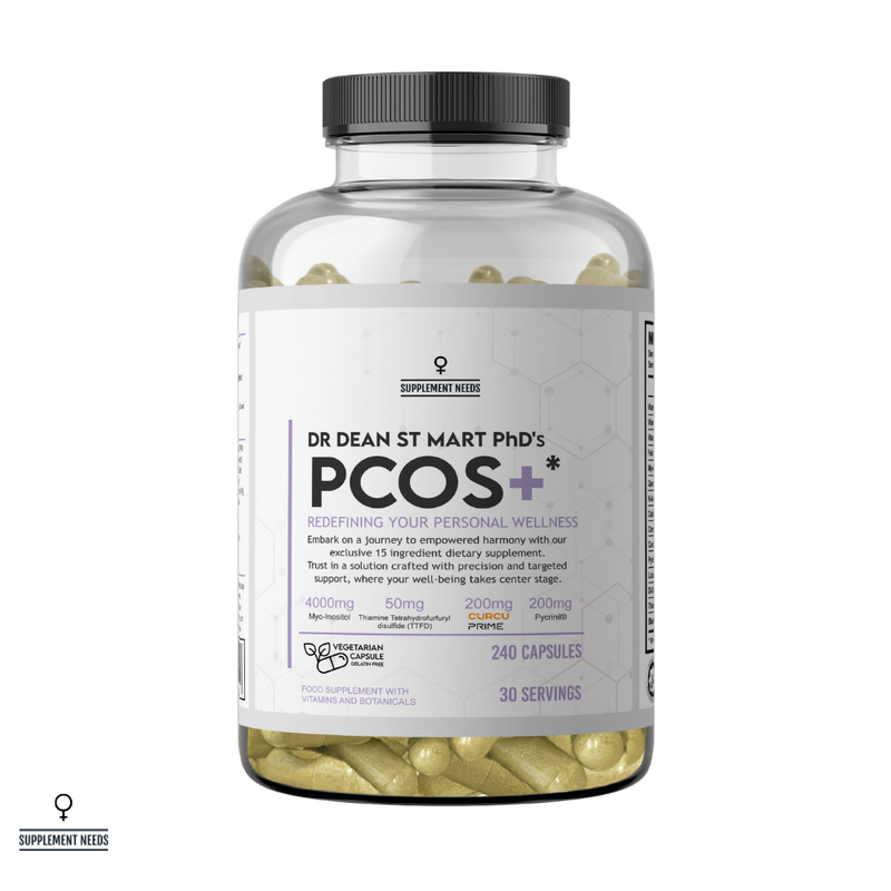 Supplement bottle labeled 'PCOS+' by Dr. Dean St. Mart on a white background