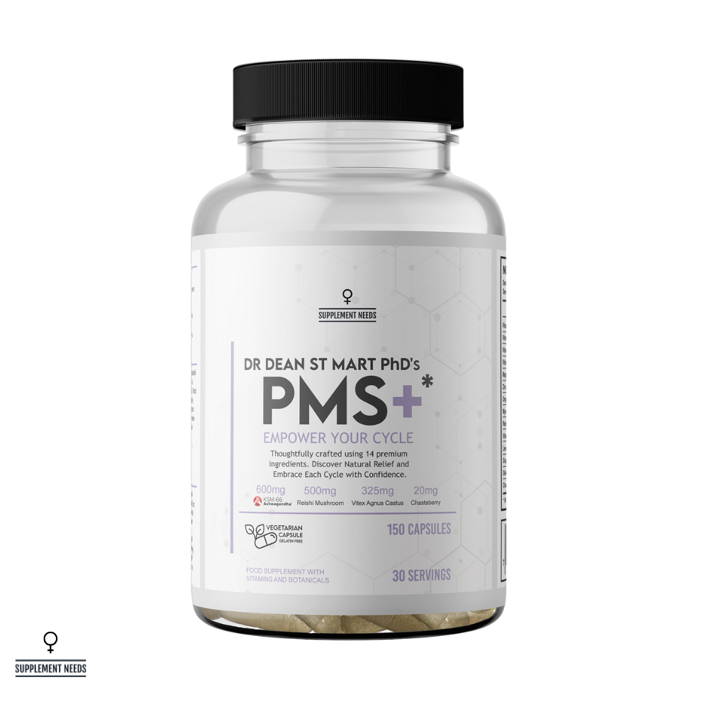 Bottle of Dr. Dean St. Mart PhD's PMS+ supplement on a white background