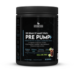Black supplement container labeled 'Pre Pump+' with cola lime twist flavor on a white background