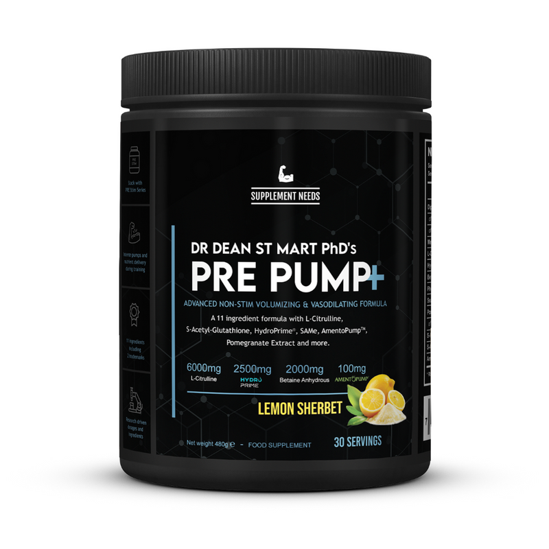 Black supplement container labeled 'Pre Pump+' by Dr. Dean St. Mart on a white background