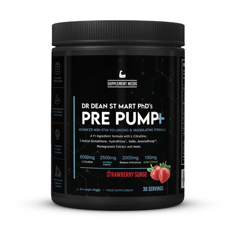 Black supplement container labeled 'Dr Dean St Mart PhD's Pre PUMP+' with strawberry flavor on a white background