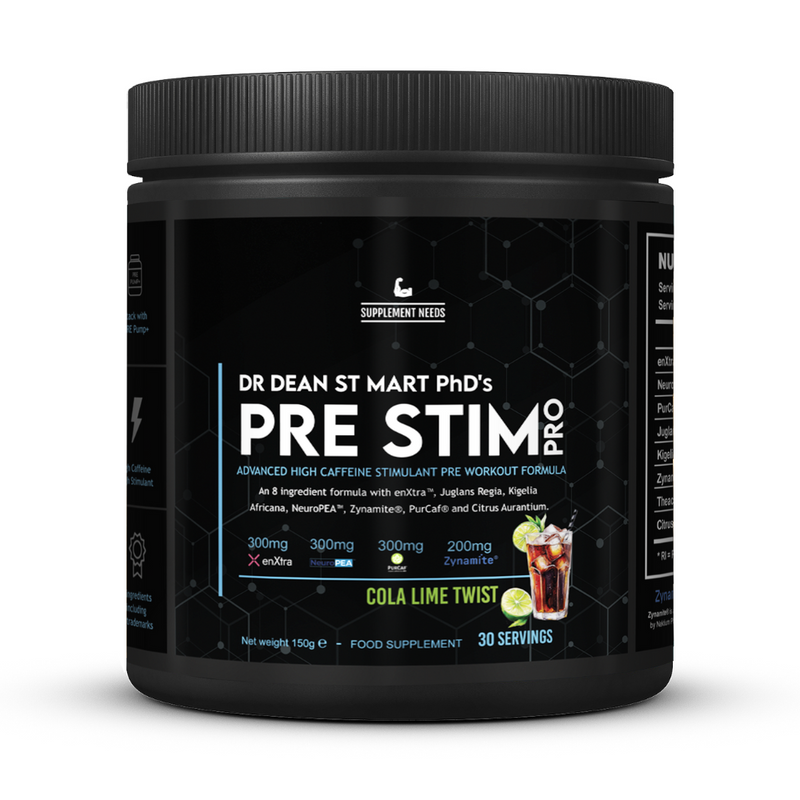 Black container of Dr Dean St Mart PhD's Pre Stim Pro supplement with cola lime twist flavor on a white background.