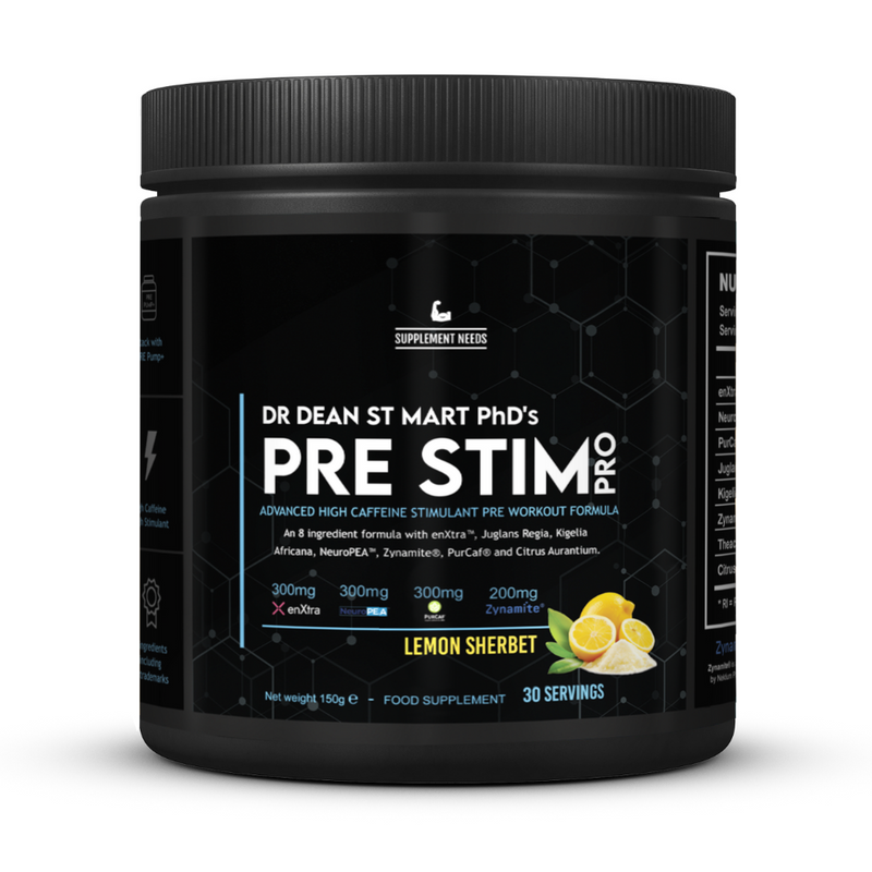 Black container of Dr. Dean St. Mart PhD's Pre Stim Pro supplement with lemon sherbet flavor on a white background.