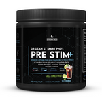 Black supplement container labeled 'Pre Stim+' with cola lime twist flavor on a white background