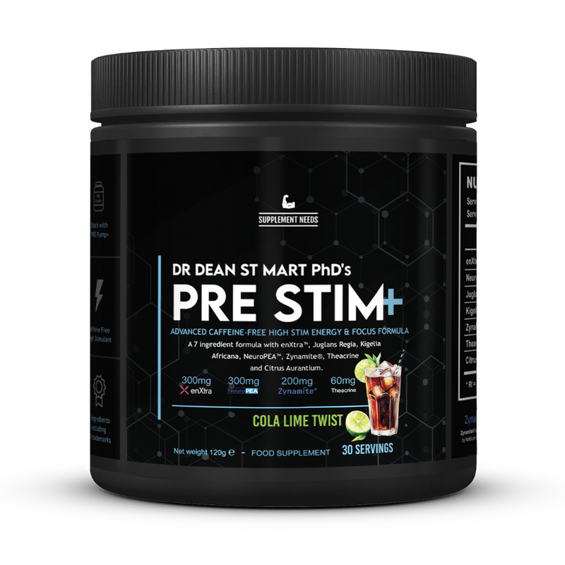 Black supplement container labeled 'Pre Stim+' with cola lime twist flavor on a white background