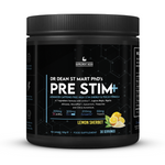 Black supplement container labeled 'Pre Stim+' with lemon sherbet flavor on a white background