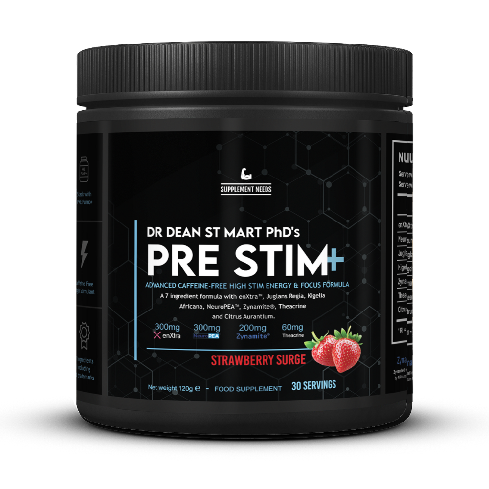 Black container of Dr. Dean St. Mart PhD's Pre Stim+ supplement with strawberry flavor on a white background