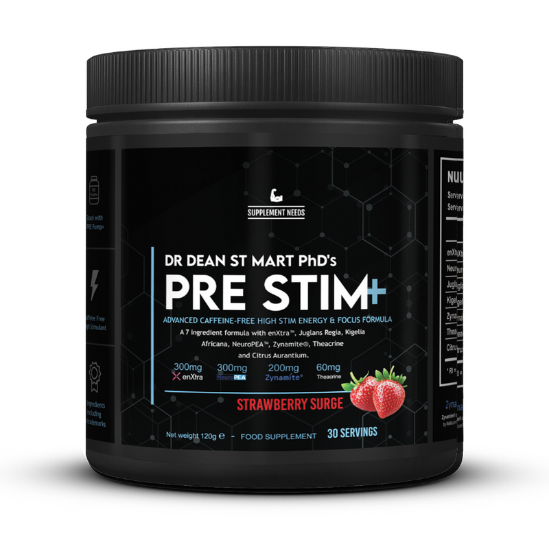 Black container of Dr. Dean St. Mart PhD's Pre Stim+ supplement with strawberry flavor on a white background