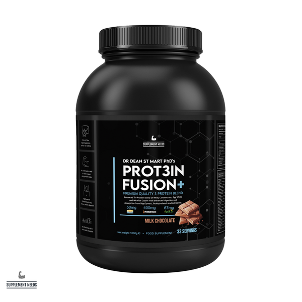 Black container of Protein Fusion+ with label on a white background