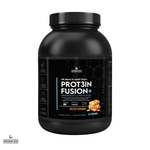 Black container of Protin Fusion+ supplement with label on a white background