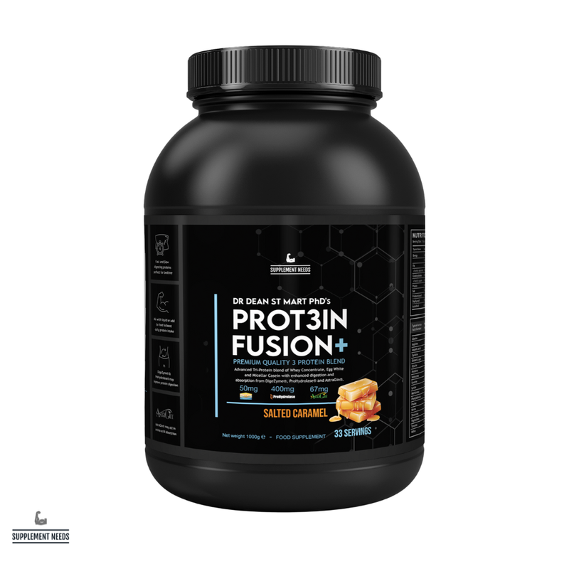 Black container of Protin Fusion+ supplement with label on a white background