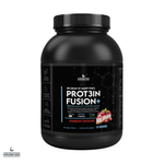 Black protein supplement container labeled 'Prot3in Fusion+' on a white background