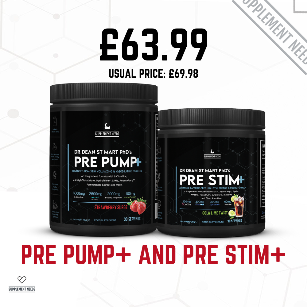 Two supplement containers labeled 'Pre Pump+' and 'Pre Stim+' with a price tag on a white background.