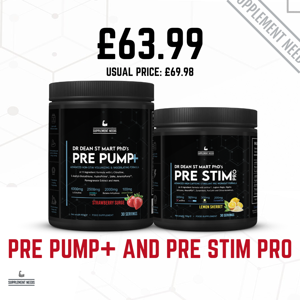 Two black supplement containers labeled 'Pre Pump+' and 'Pre Stim Pro' with pricing information on a white background.