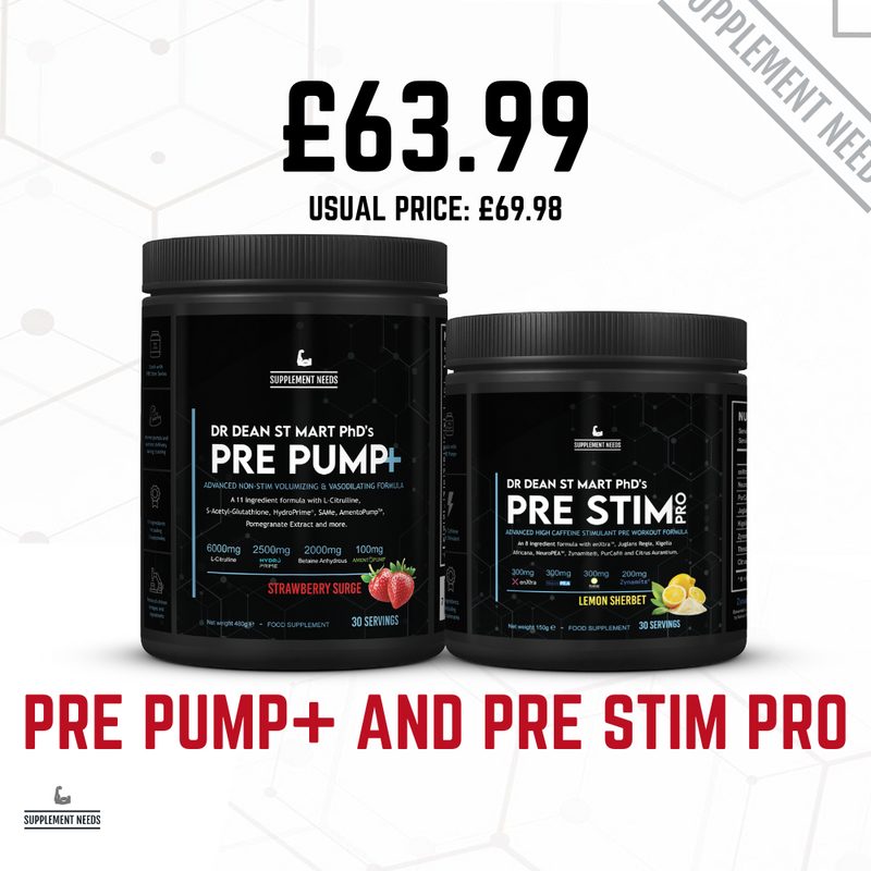 Two black supplement containers labeled 'Pre Pump+' and 'Pre Stim Pro' with pricing information on a white background.