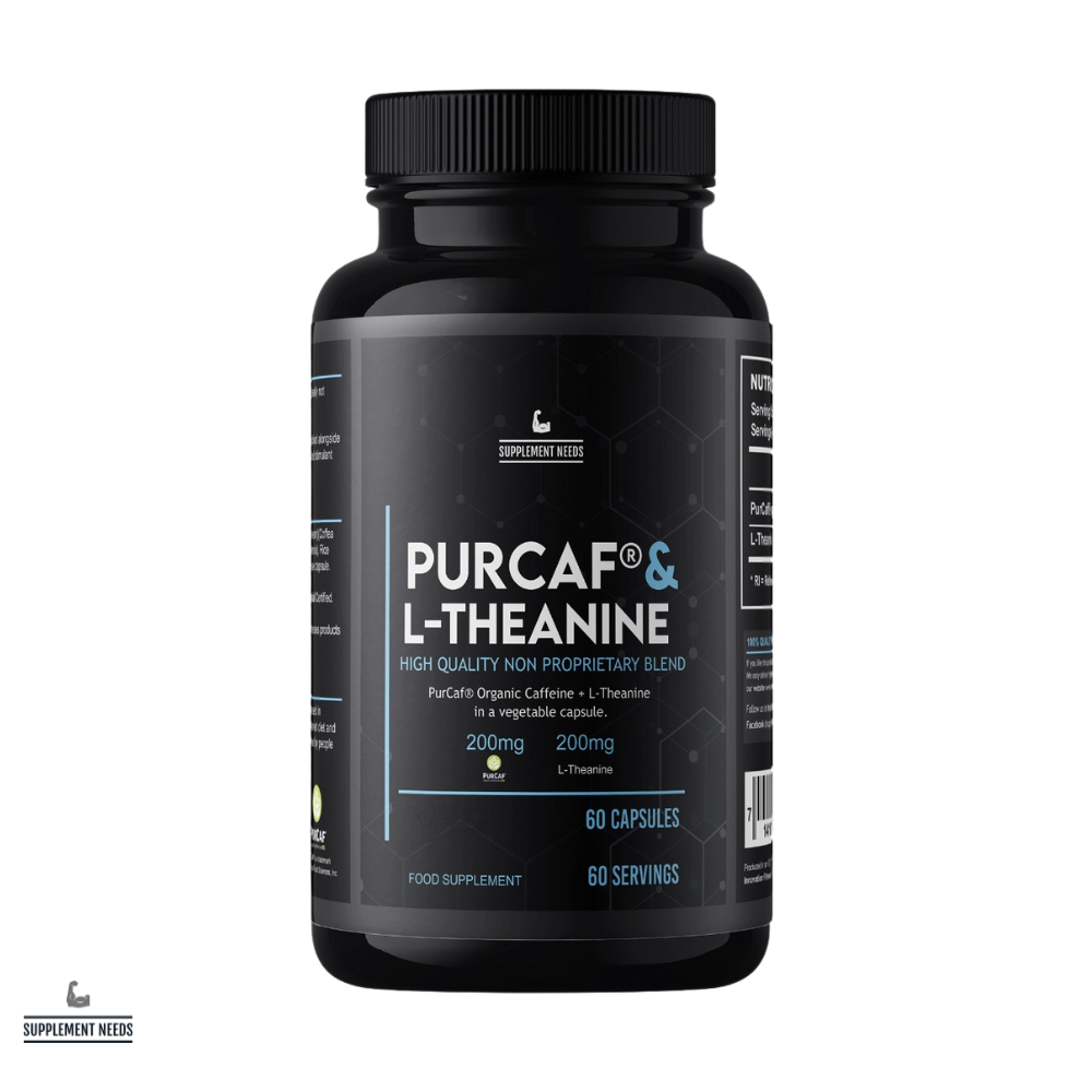 A bottle of Supplement Needs Purcaf & L-Theanine capsules with 60 servings, displaying the product label which includes the brand name, product name, and dietary information.