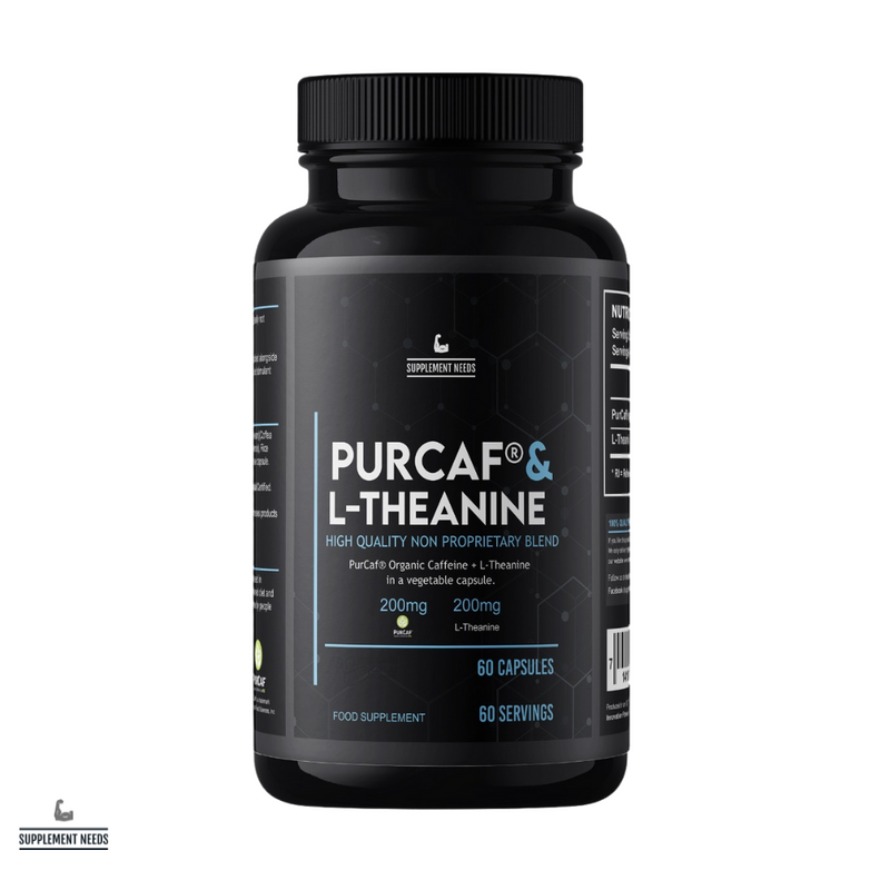 A bottle of Supplement Needs Purcaf & L-Theanine capsules with 60 servings, displaying the product label which includes the brand name, product name, and dietary information.