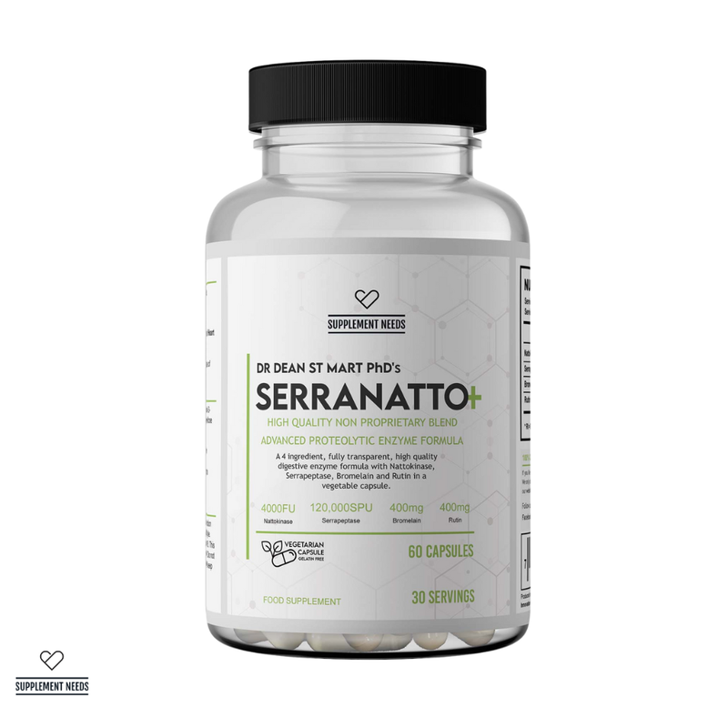 Supplement bottle labeled 'Serranatto' by Dr. Dean St. Mart on a white background