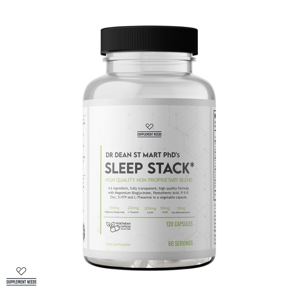 Bottle of Dr. Dean St. Mart PhD's Sleep Stack supplement on a white background