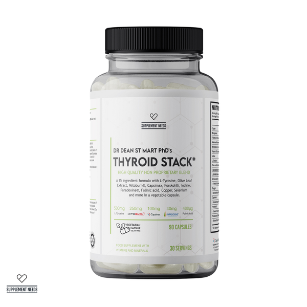 Supplement bottle labeled 'Thyroid Stack' by Dr. Dean St. Mart PhD on a white background