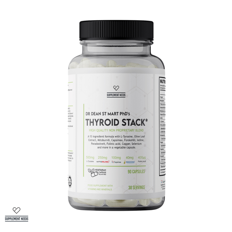 Supplement bottle labeled 'Thyroid Stack' by Dr. Dean St. Mart PhD on a white background