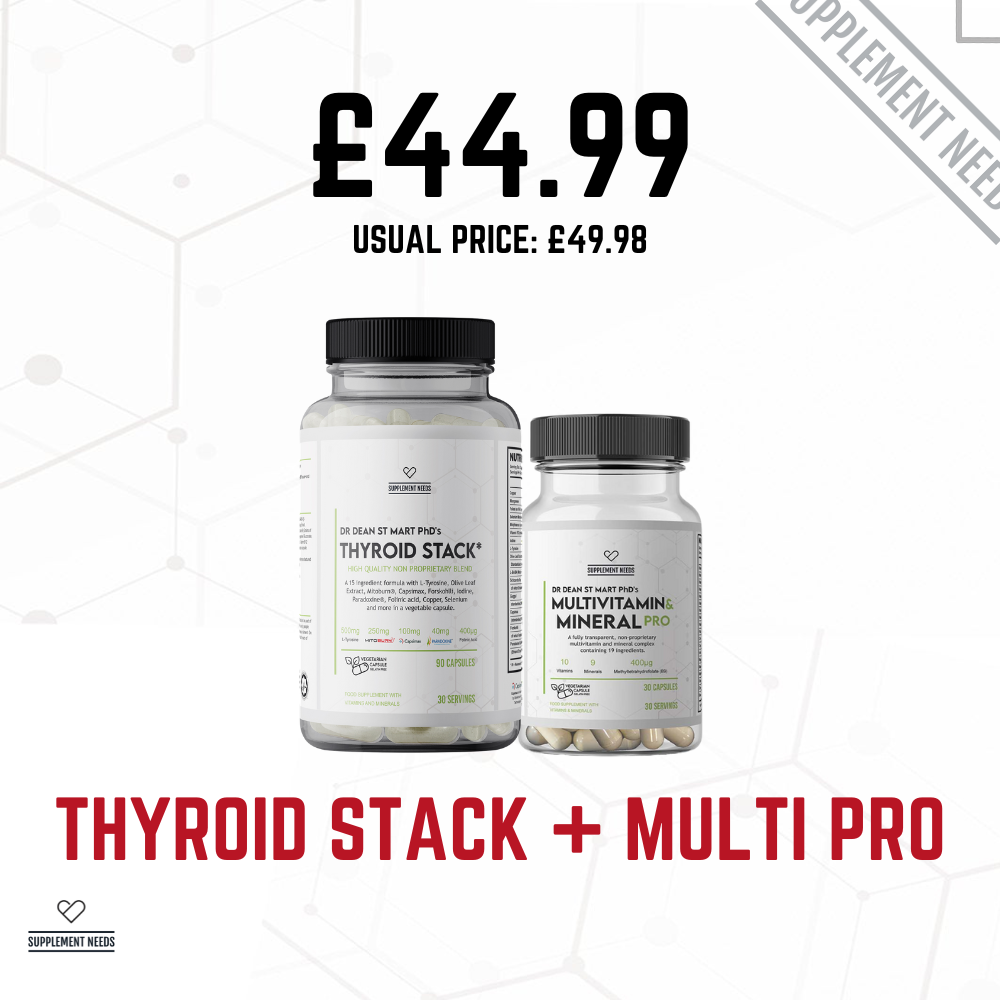 Two supplement bottles labeled 'Thyroid Stack' and 'Multi Pro' with a price tag on a white background.