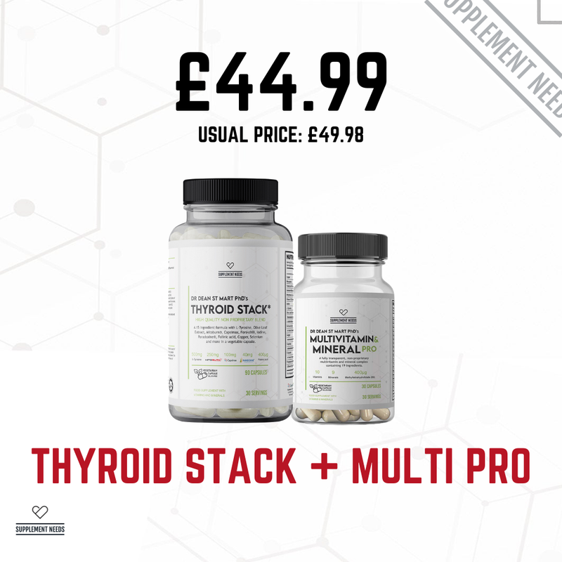 Two supplement bottles labeled 'Thyroid Stack' and 'Multi Pro' with a price tag on a white background.
