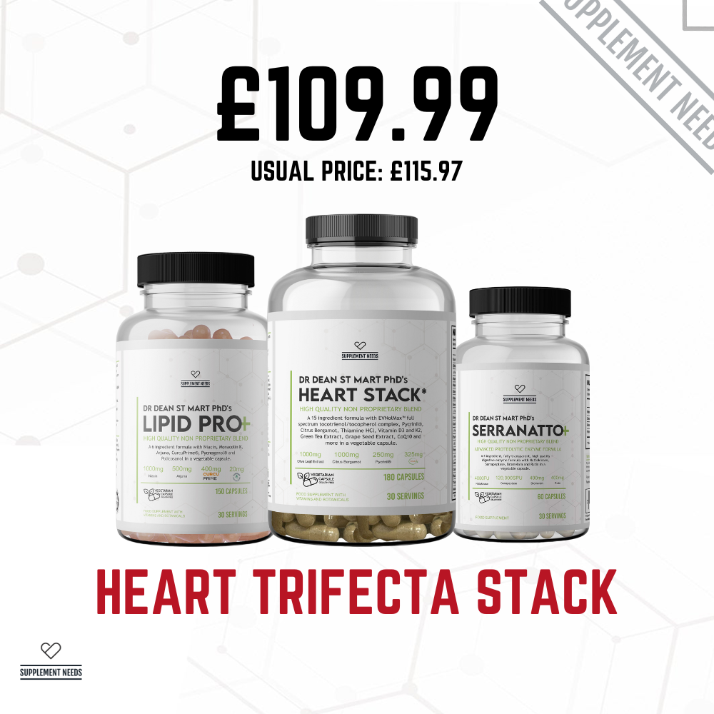 Three supplement bottles labeled 'Lipid Pro', 'Heart Stack', and 'Serranatto' by Dr Dean St Mart PhD with a price tag on a white background.