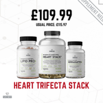 Three supplement bottles labeled 'Lipid Pro', 'Heart Stack', and 'Serranatto' by Dr Dean St Mart PhD with a price tag on a white background.