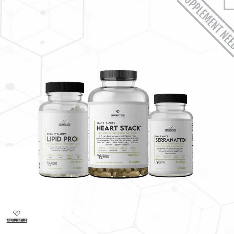 'Lipid Pro', 'Heart Stack', and 'Serranatto' by Dr Dean St Mart PhD with a price tag on a white background.