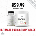 Two supplement containers with a price tag on a white background AM Priming Stack and Focus+ Ultimate Productivity Stack by Dr Dean St Mart PhD