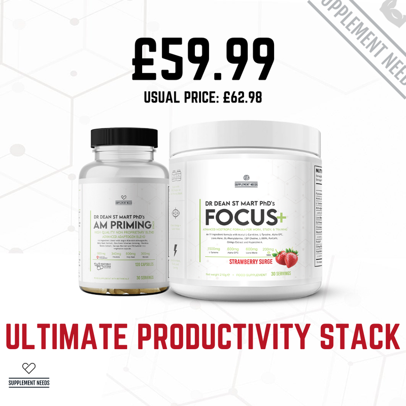 Two supplement containers with a price tag on a white background AM Priming Stack and Focus+ Ultimate Productivity Stack by Dr Dean St Mart PhD