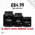Three black supplement containers labeled 'Intra Carb+', 'Intra EAA+', and 'Electrolyte' with a price tag on a white background.